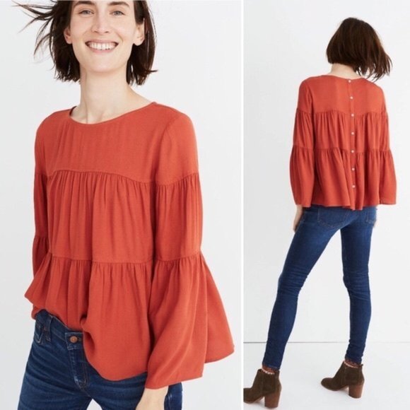 Madewell Orange Tiered Button Back Top